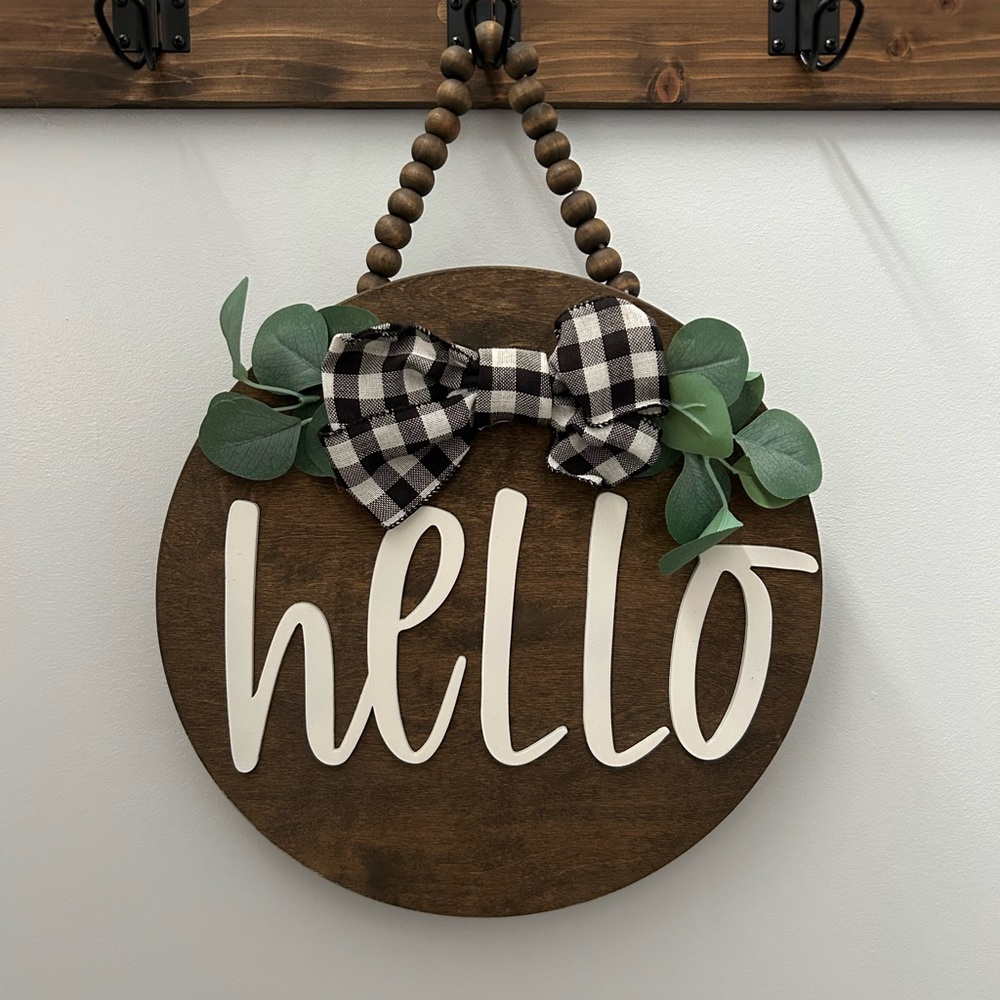 Farm House Wooden Hello Sign with Plaid Bow